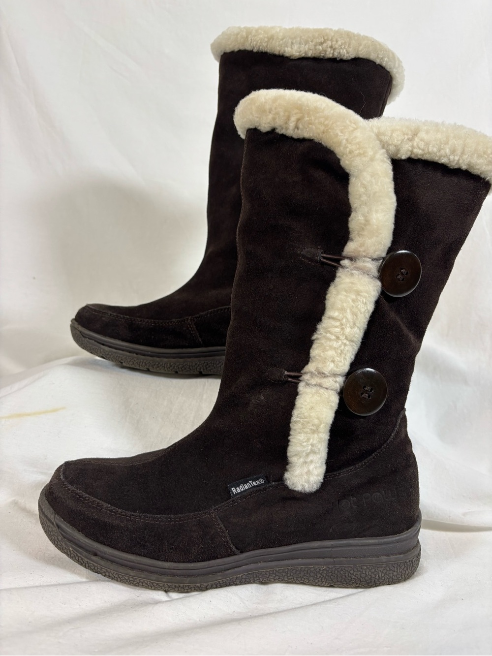 Hot Paws Women’s Brown Suede Leather Winter Boots Faux Fur Button Cuff Cozy 10M